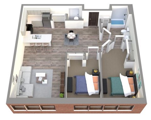 Floor plan for 2 beds, 1 bath, 935 sqft